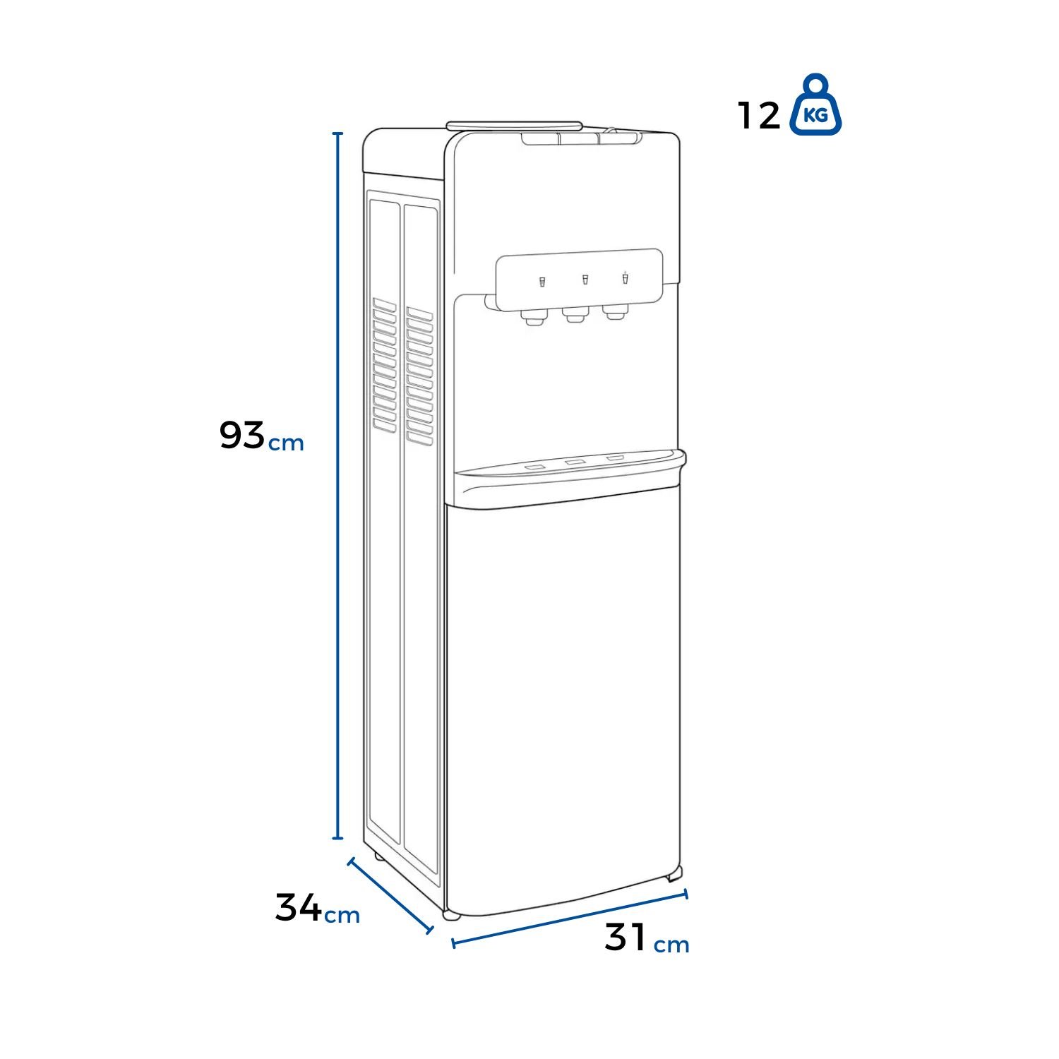 Medidas del dispensador de agua Electrolux ES11WR de 93 cm de alto y 12 kg