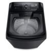 Lavadora Electrolux 22 kg negra con tapa de vidrio abierta y cesto de acero inoxidable