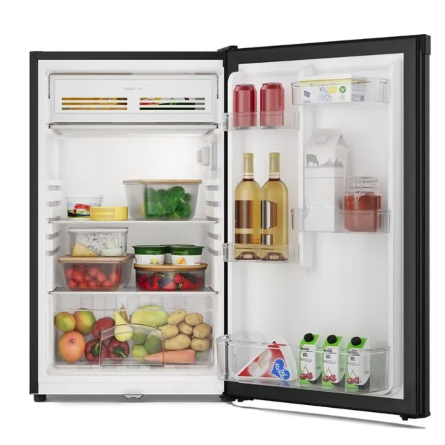 Minibar Electrolux 122 litros abierto con bebidas, frutas y verduras