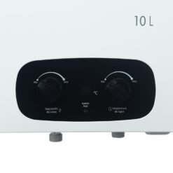 Panel de control del calentador Haceb Bambú 10 L con perillas de temperatura y caudal de agua
