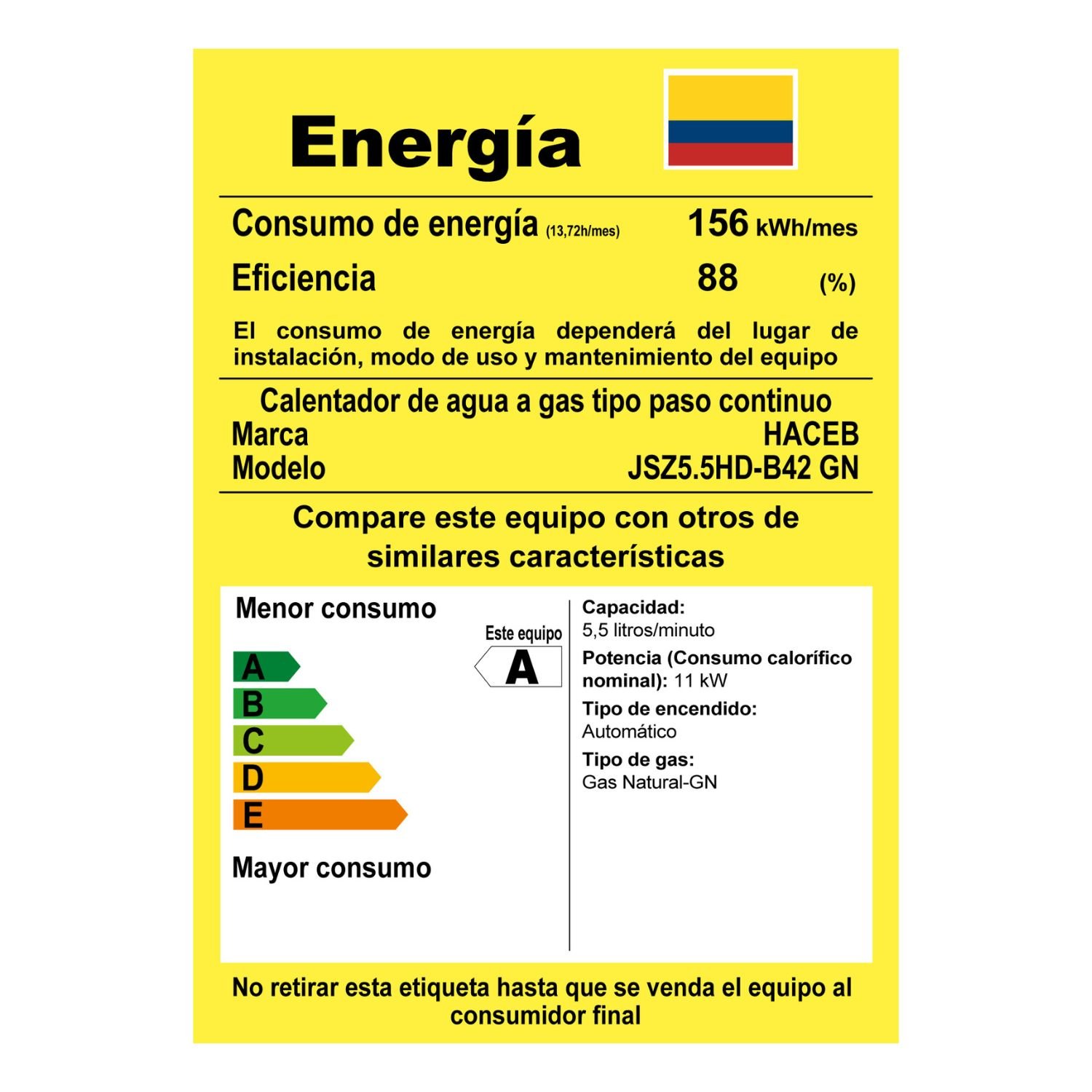 Etiqueta de eficiencia energética RETIQ del calentador Haceb Bambú 5,5 litros gas natural