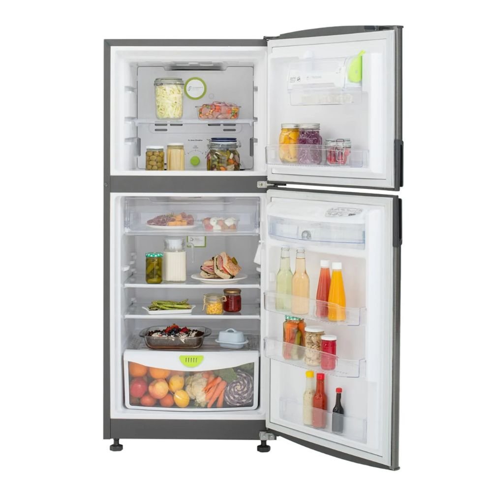 Nevera Haceb 243 litros gris plomo abierta con alimentos en refrigerador, congelador y puertas