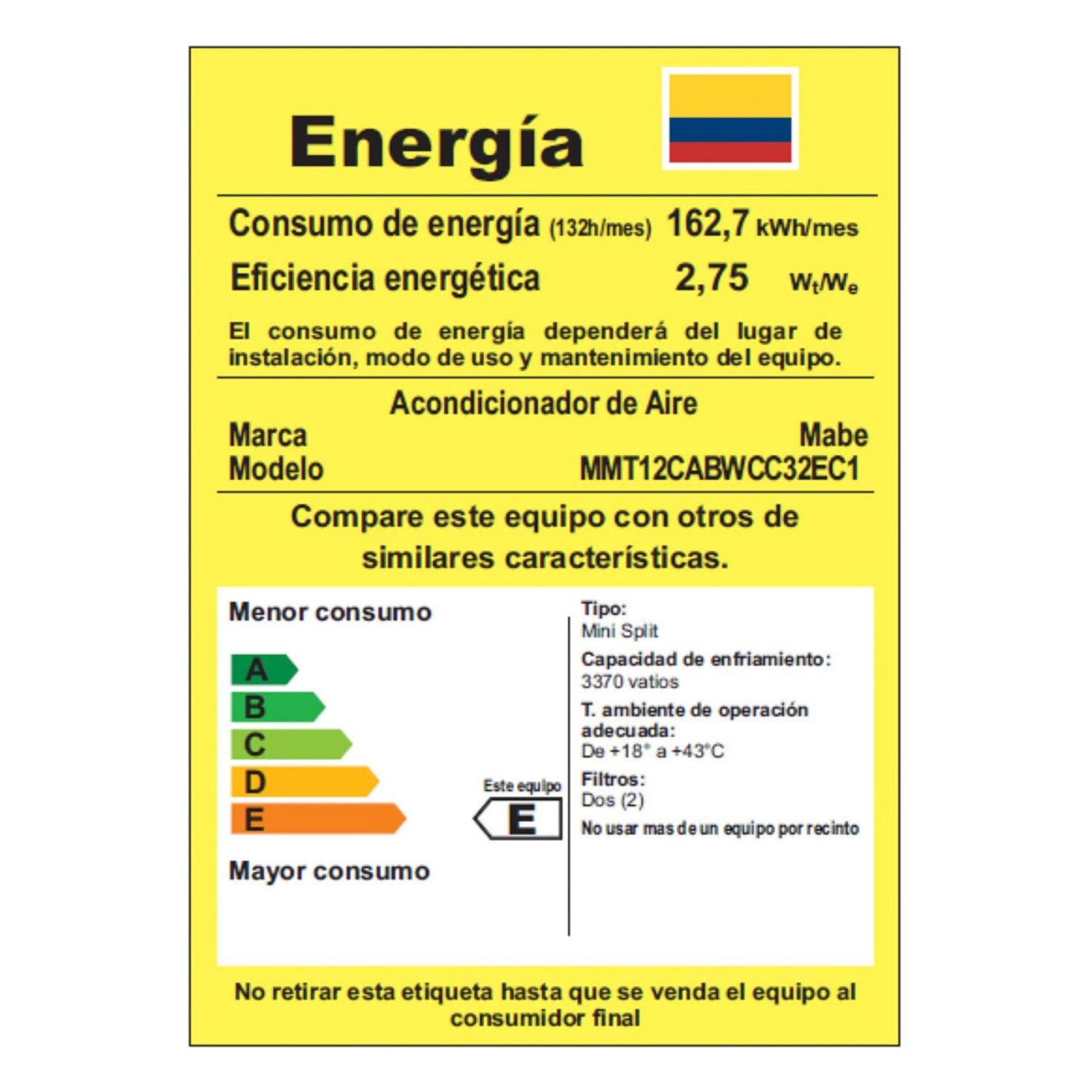 Etiqueta de energía RETIQ aire acondicionado Mabe MMT12CABWCC32EC 12.000 BTU