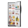 Nevera Mabe 267 litros abierta con alimentos organizados en refrigerador, congelador y puertas