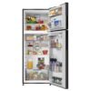 Nevera Mabe 415 litros grafito abierta con alimentos en refrigerador, congelador y puertas