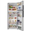 Nevera Mabe 415 litros abierta con alimentos organizados en refrigerador, congelador y puertas