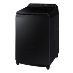 Lavadora Samsung WA80F19S8B negra de carga superior vista en ángulo