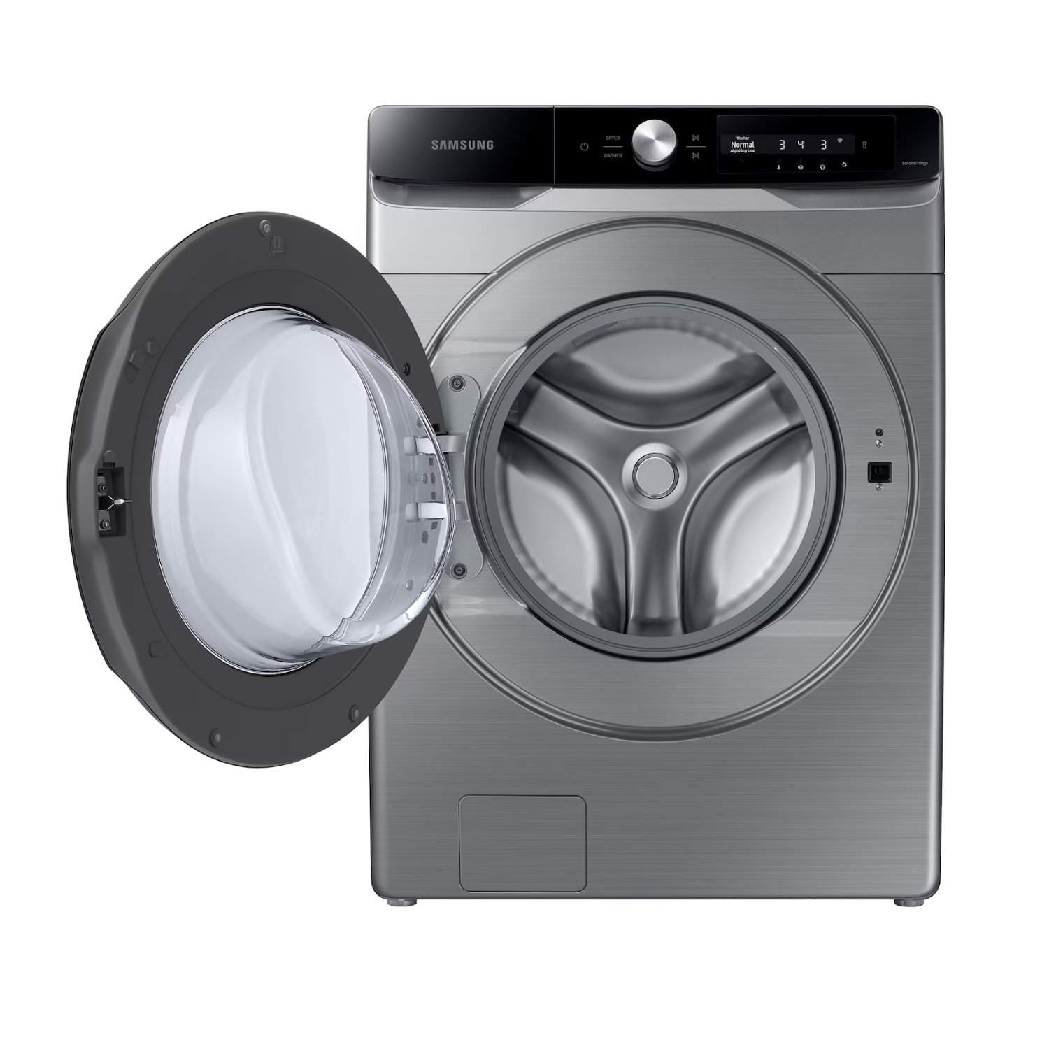 Lavadora Samsung WF22C6400AP con la puerta abierta y tambor amplio