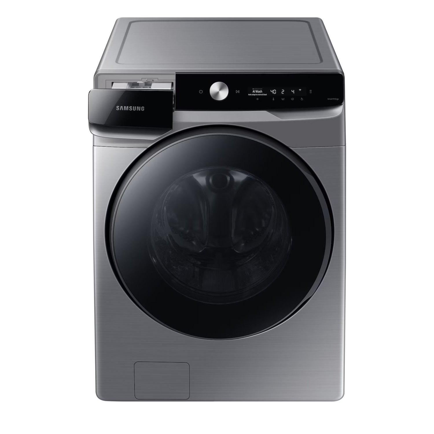 Lavasecadora Samsung WD22T6500GP gris con panel digital vista en ángulo