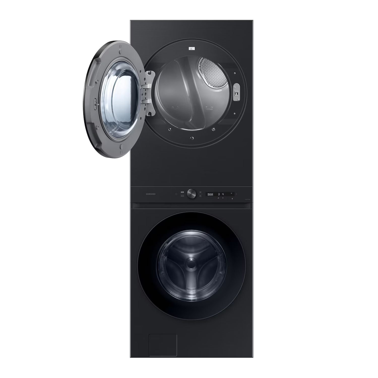 Centro de lavado Samsung WH26DBH700GV con las puertas de lavadora y secadora abiertas