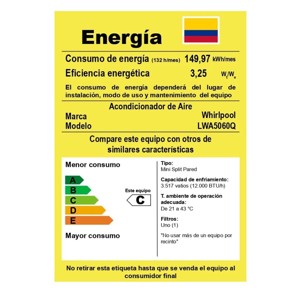 Etiqueta de eficiencia energética RETIQ del aire acondicionado Whirlpool LWA5060Q