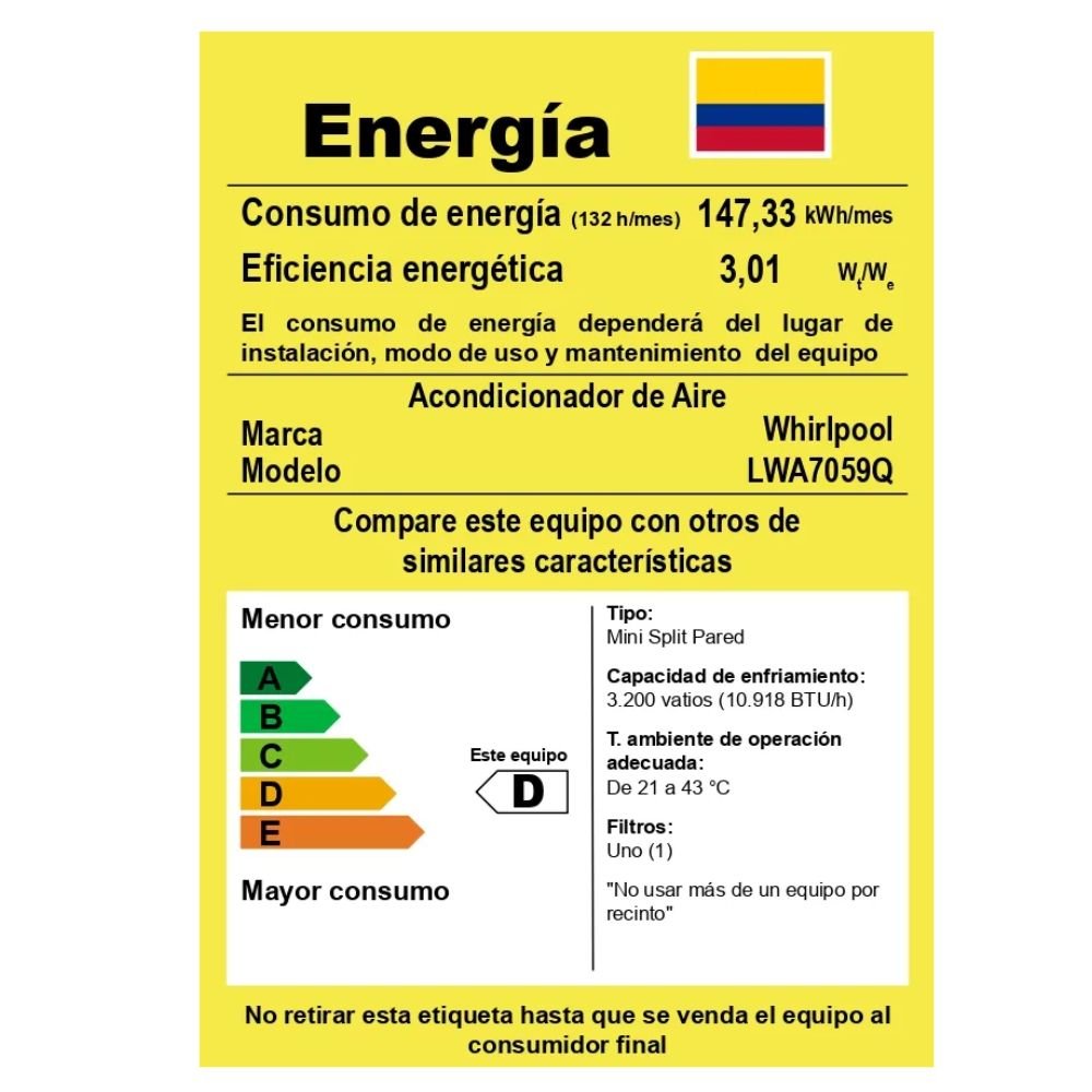 Etiqueta de eficiencia energética RETIQ del aire acondicionado Whirlpool LWA7059Q
