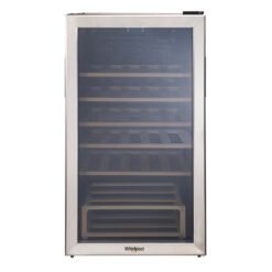 Cava de vinos Whirlpool WW3310S para 33 botellas, vista frontal con puerta de vidrio y marco plateado