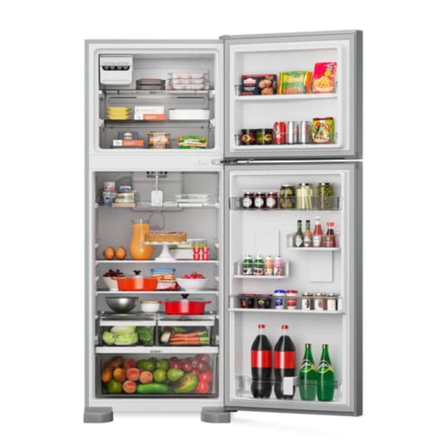 Nevera Whirlpool 449 L abierta con alimentos y bebidas organizados Xpert Spaces
