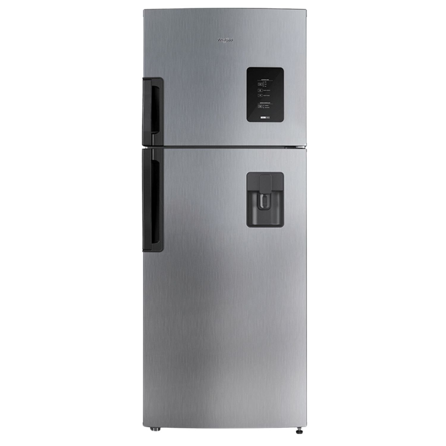 Nevera Whirlpool No Frost 435 litros gris WRW45AKTWW, vista frontal con panel digital y dispensador de agua