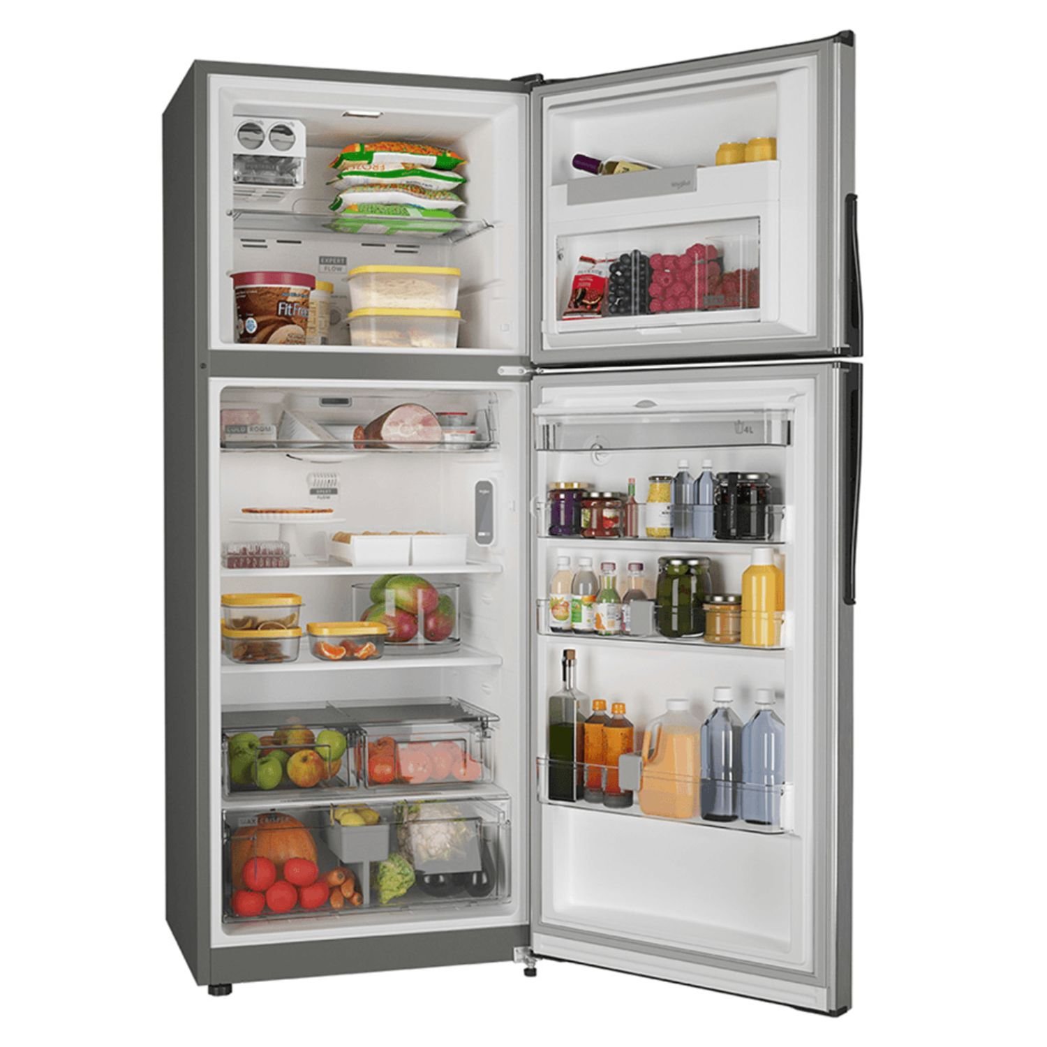 Nevera Whirlpool WRW45AKTWW abierta con alimentos organizados en refrigerador y congelador