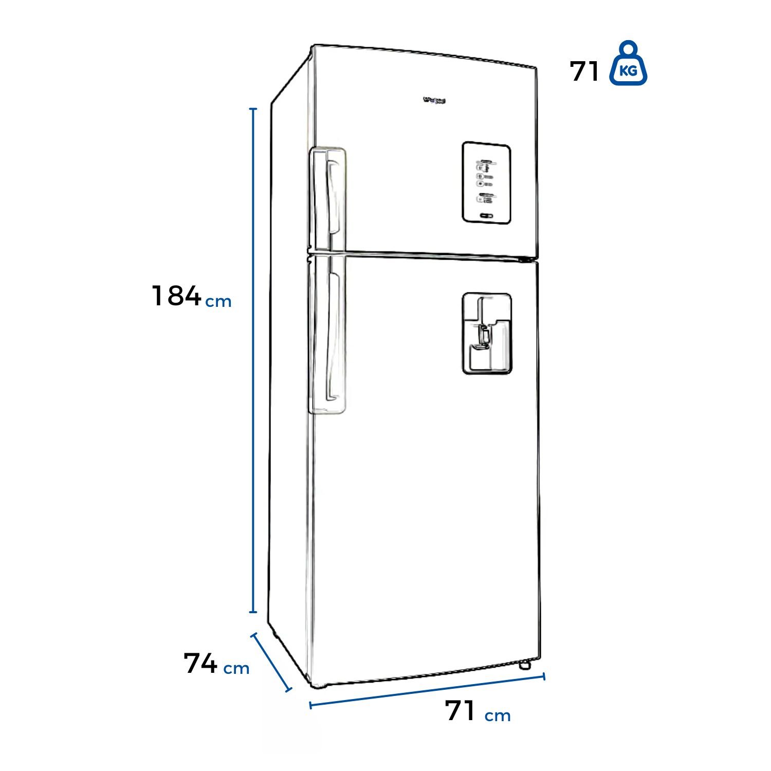 Medidas de la nevera Whirlpool WRW45AKTWW: 184 cm de alto, 71 cm de ancho y 71 kg de peso