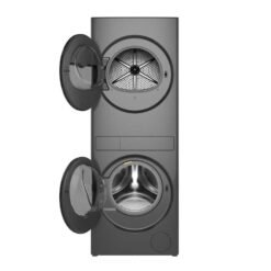 Torre de lavado Whirlpool 13 kg con puertas de lavadora y secadora abiertas